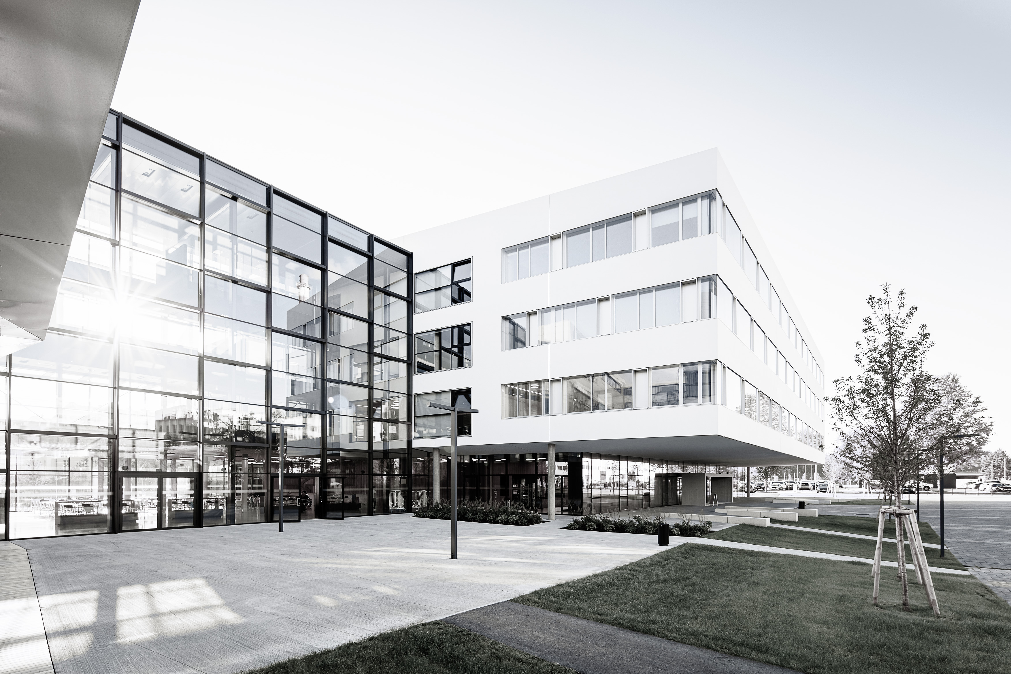 schwarz-weiß Foto vom Campus St. Pölten