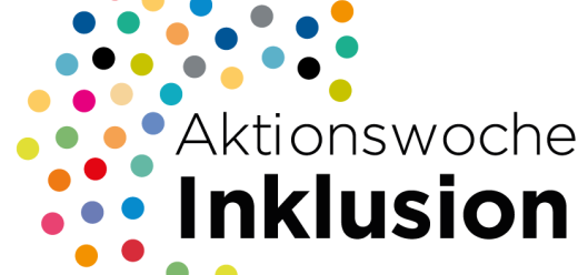 Das Bild zeigt eine Anordnung bunter kleiner Kreise. In der Mitte des Bildes befindet sich der Titel der Veranstaltung: 'Aktionswoche Inklusion'