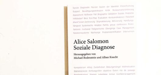 Zu sehen ist das Buch „Alice Salomon – Soziale Diagnosen“, herausgegeben von Michael Bodenstein und Alban Knecht. Das Buch liegt frontal sichtbar, sein Einband ist schlicht gestaltet und zeigt Titel und Herausgeber klar lesbar.
