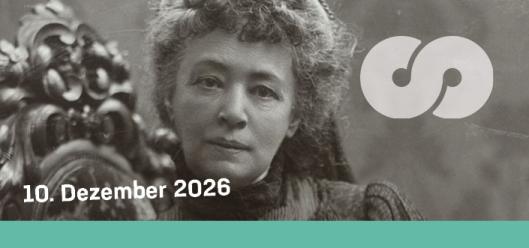 Bertha von Suttner im Portrait; am rechten Bildrand ein grüner Kreis mit weißer Schrift: Buchvorstellung und performativer Lesung.