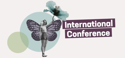 Key Visual der Suttnerdays: Collage mit dem Schriftzug „International Conference“. In einem blaugrünen Kreis ist eine junge Frau mit Schmetterlingsflügeln und einer Eule auf der Schulter zu sehen. Sie hält eine Blume, deren Blüte ein Fernglas bildet.