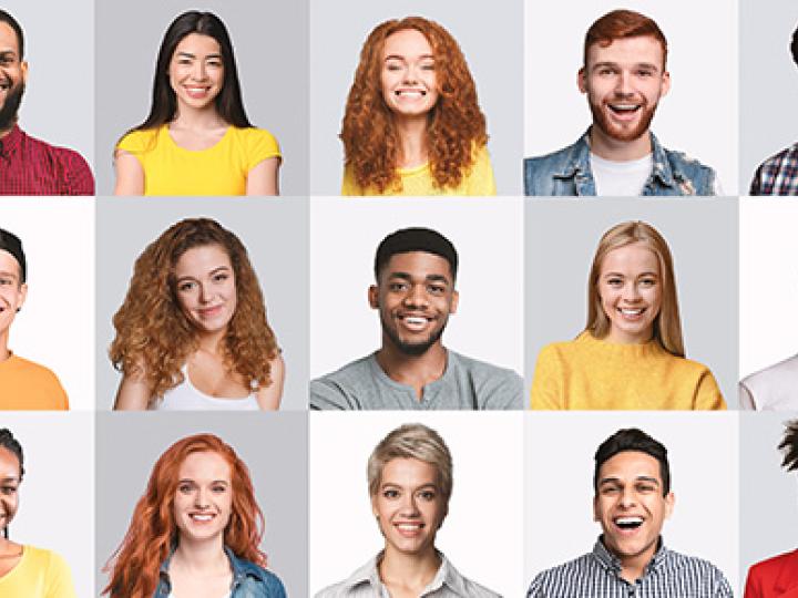 Eine Collage zeigt Portraits von Menschen verschiedenen Alters, verschiedener Herkunft und Hautfarbe.
